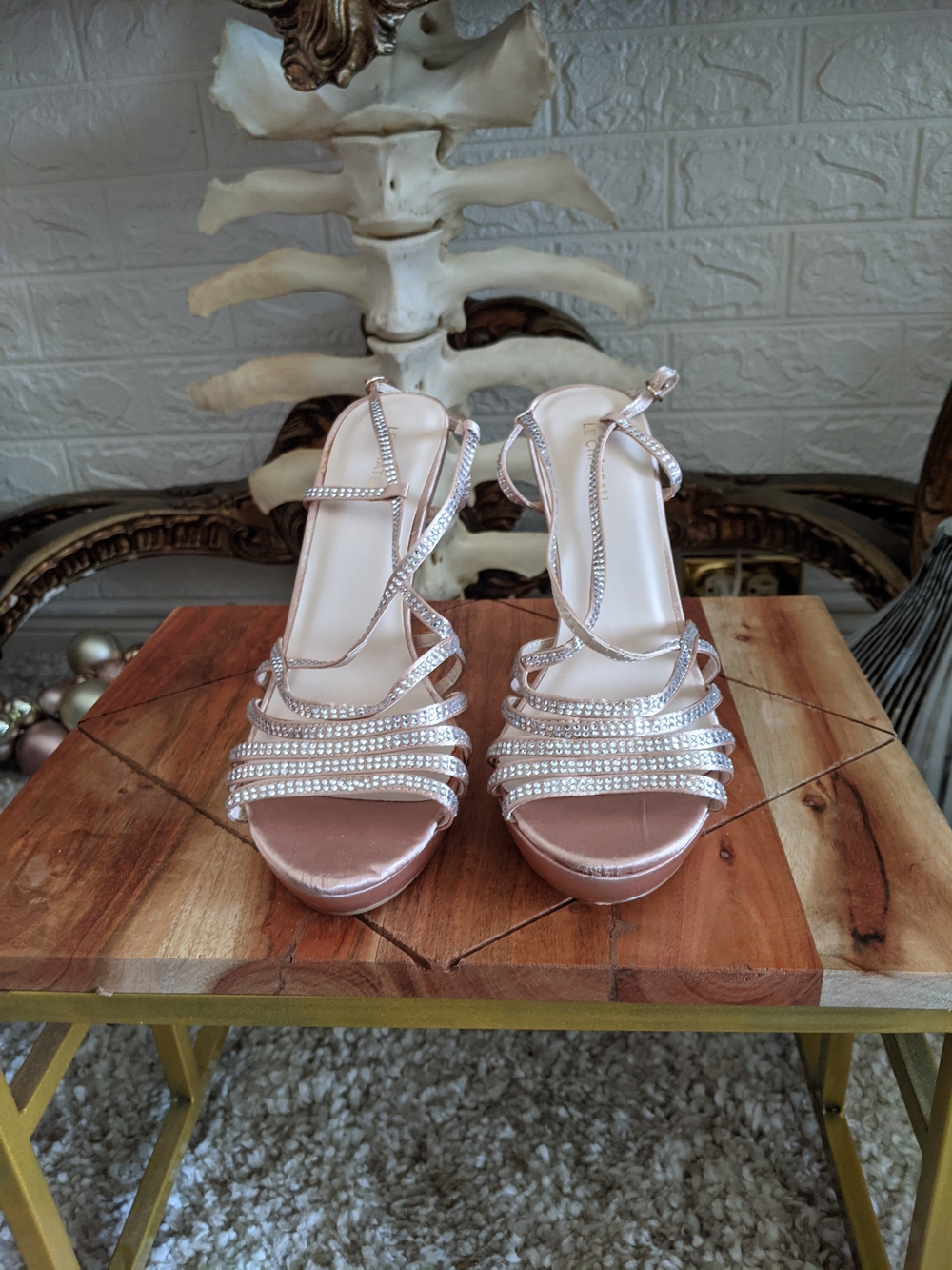 Le Chateau Elegant Rose Gold Evening Strappy Heels with Rhinestones